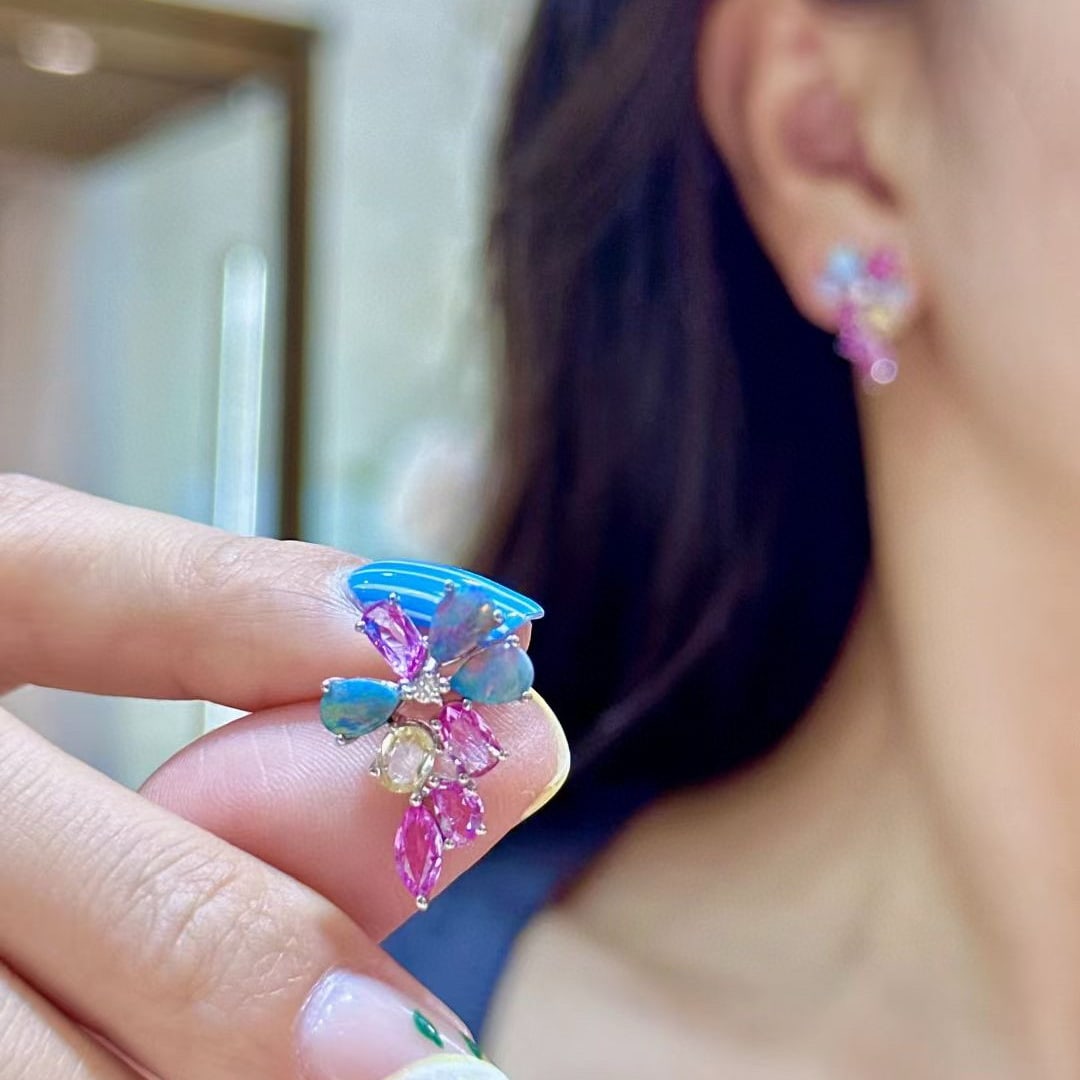 14k Gold 5.23 Ctw Natural Opal & Sapphire Earrings - 4