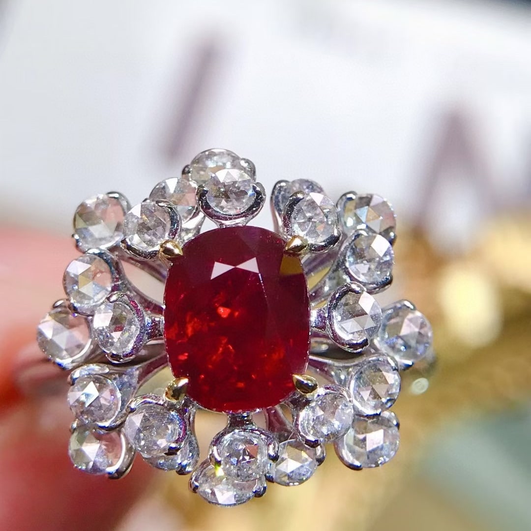 14k Gold 2.34 Ctw Natural Ruby & Diamond Ring: Ref:231054102 // gold content:14k gold // ring size:7. 25us // // main gemstone:ruby // shape:oval // carat weight:1. 6ct // color:pigeonblood red // treatment:natural // // adjacent gemstone 2 :