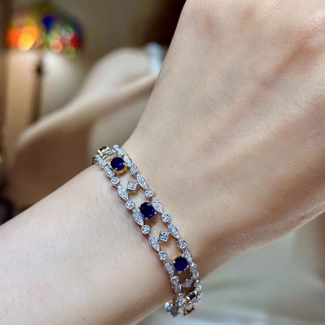14k Gold 6.54 Ctw Natural Sapphire & Diamond Bracelet - 2
