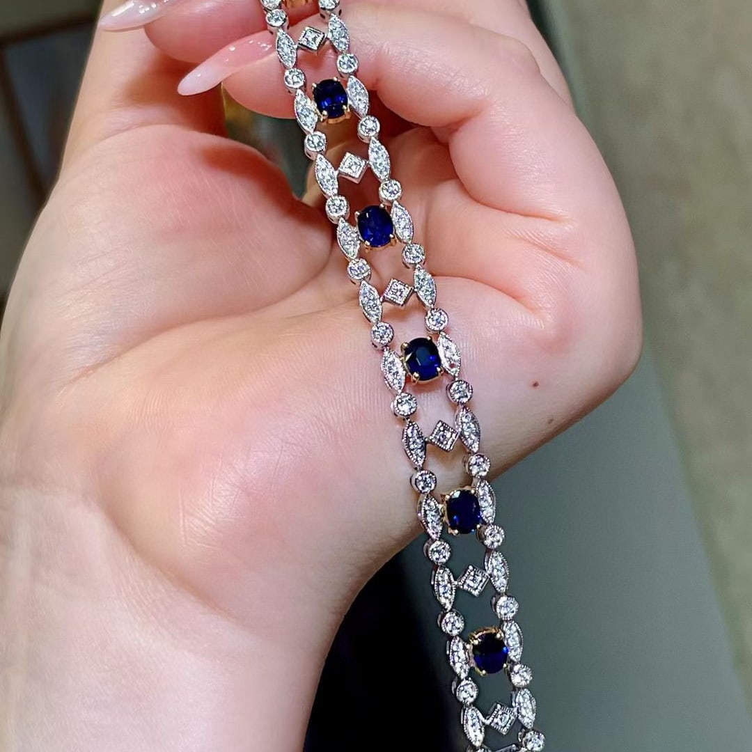 14k Gold 6.54 Ctw Natural Sapphire & Diamond Bracelet - 4