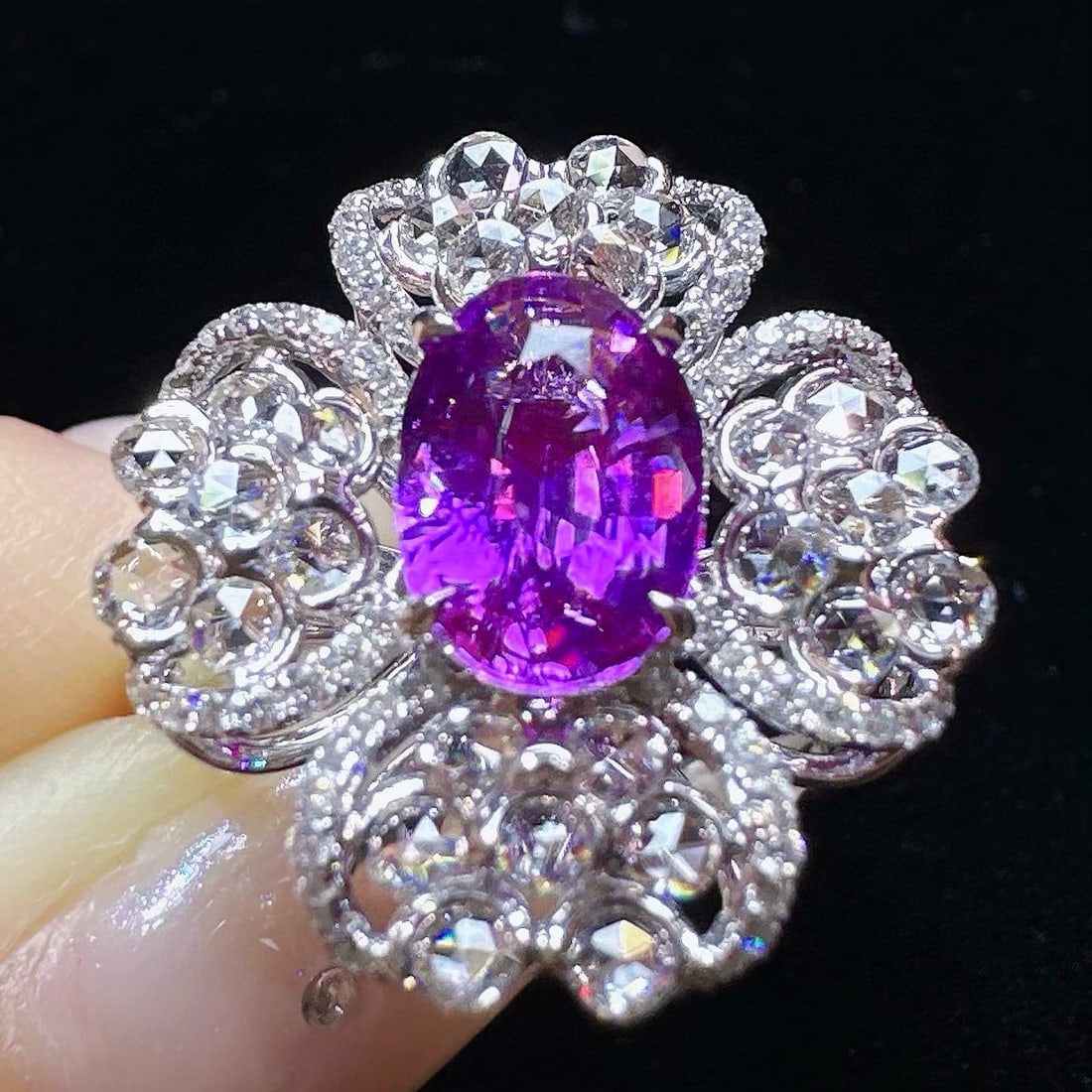 14k Gold 2.26 Ctw Natural Sapphire & Diamond Ring: Ref:231054115 // gold content:14k gold // ring size:7. 25us // // main gemstone:sapphire // shape:oval // carat weight:1. 45ct // color:purple // treatment:natural // // adjacent gemstone 2 : diamond 