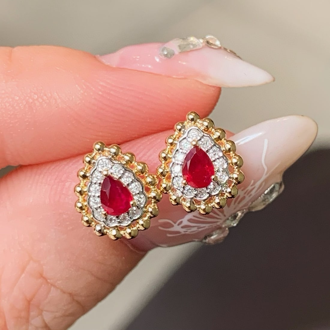 14k Gold 0.62 Ctw Natural Ruby & Diamond Earrings - 2