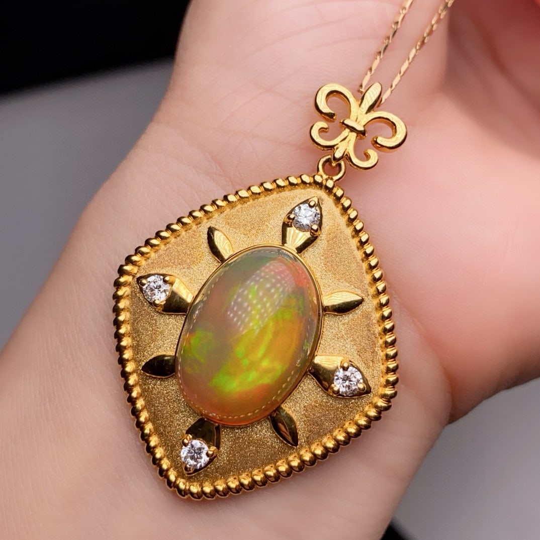 14k Gold 8.65 Ctw Natural Opal & Diamond Pendant( Without Chain ) - 3