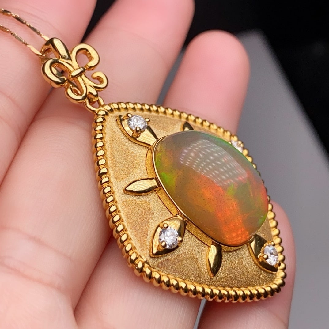14k Gold 8.65 Ctw Natural Opal & Diamond Pendant( Without Chain ) - 4