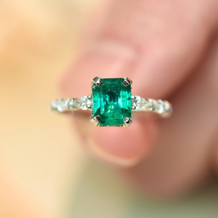 14k Gold 1.83 Ctw Vivid Green Natural Emerald & Diamond Ring: Ref:231054139 // gold content:14k gold // ring size:7. 25us // // main gemstone:emerald // shape:octagonal // carat weight:1. 33ct // color:vivid green // treatment:natural // // adjacent gemstone 2