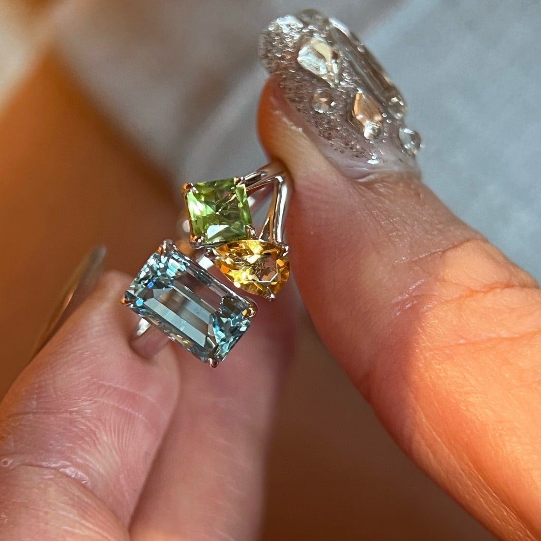 14k Gold 2.57 Ctw Natural Aquamarine & Citrine & Peridot Ring - 2