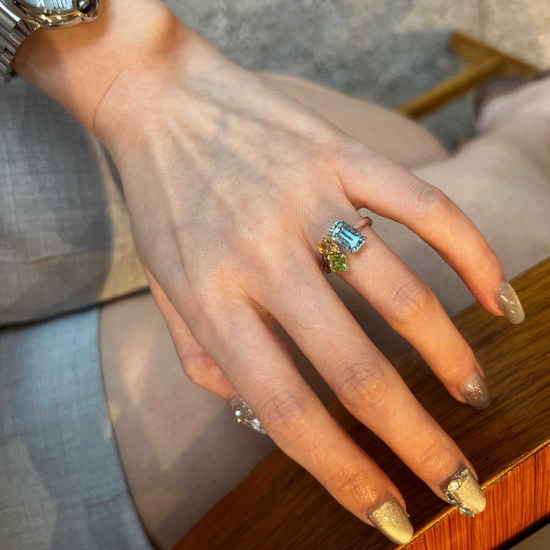 14k Gold 2.57 Ctw Natural Aquamarine & Citrine & Peridot Ring - 4