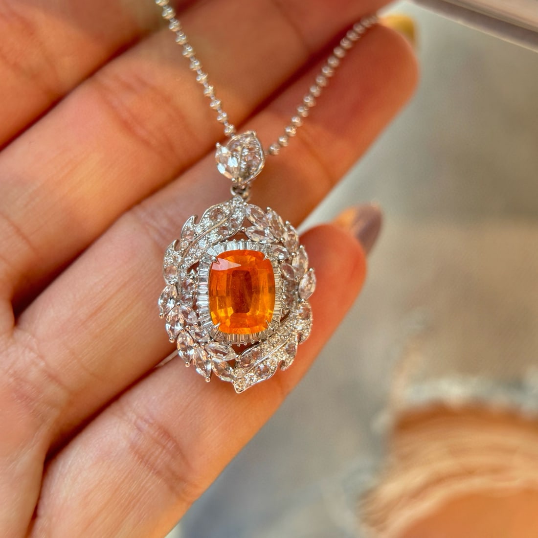 14k Gold 4.23 Ctw Natural Spessartine & Diamond Pendant( Without Chain ): Ref:231054150 // gold content:14k gold // main gemstone:spessartine // shape:cushion // carat weight:3. 80ct // color:orange // treatment:natural // // adjacent gemstone 2 : diamond // shape:multiply