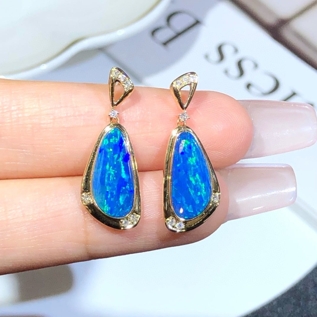 14k Gold 3.01 Ctw Natural Opal & Diamond Earrings - 3