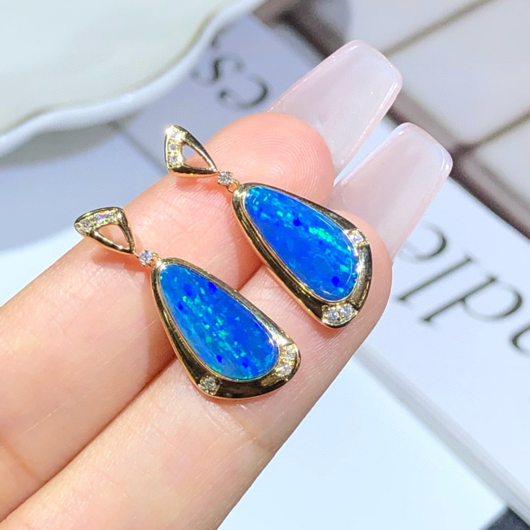 14k Gold 3.01 Ctw Natural Opal & Diamond Earrings - 4