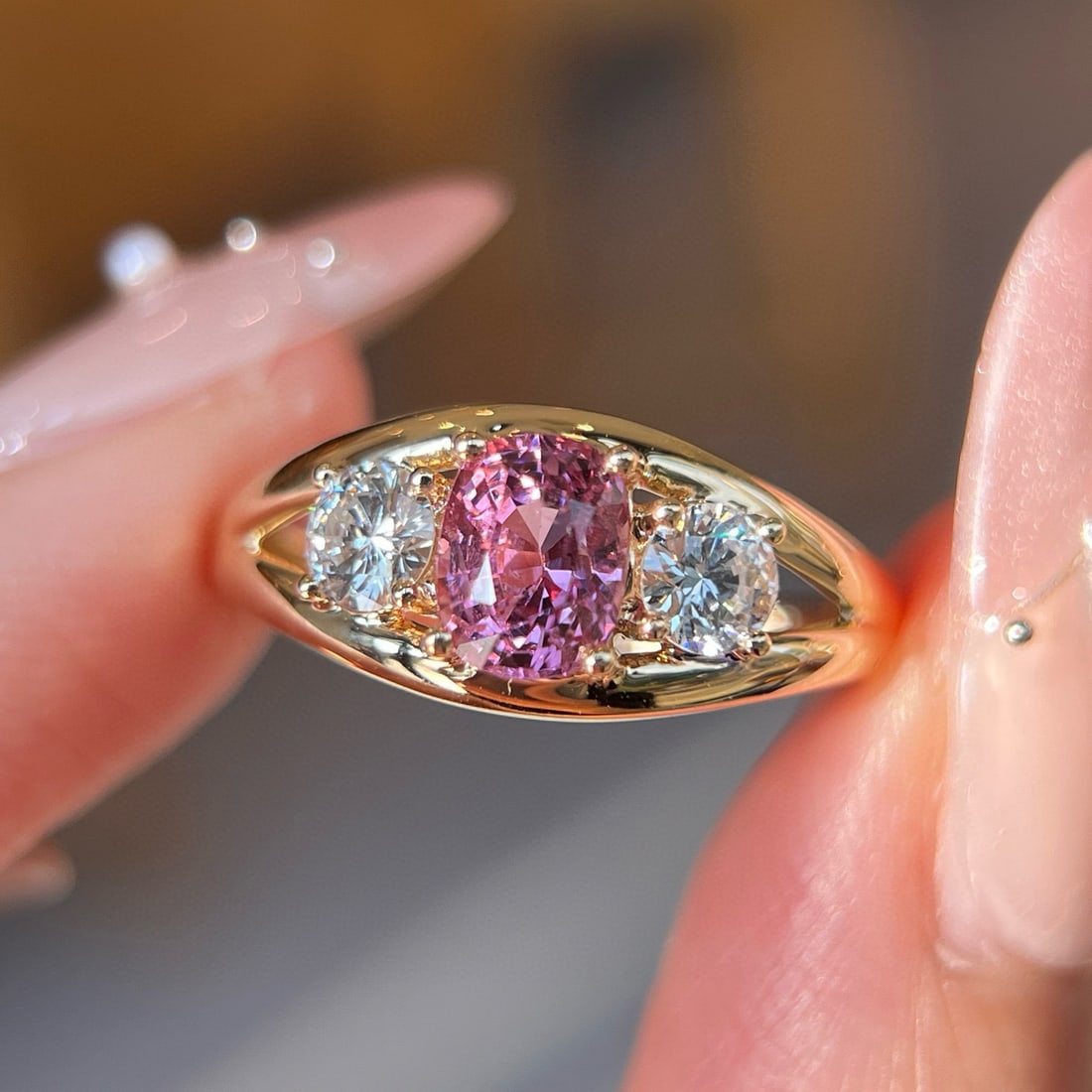 14k Gold 1.60 Ctw Natural Spinel & Lab Grown Diamond Ring: Ref:231054171 // gold content:14k gold // ring size:7. 25us // // main gemstone:spinel // shape:oval // carat weight:1. 15ct // color:pink // treatment:natural // // adjacent gemstone 2 : lab grown