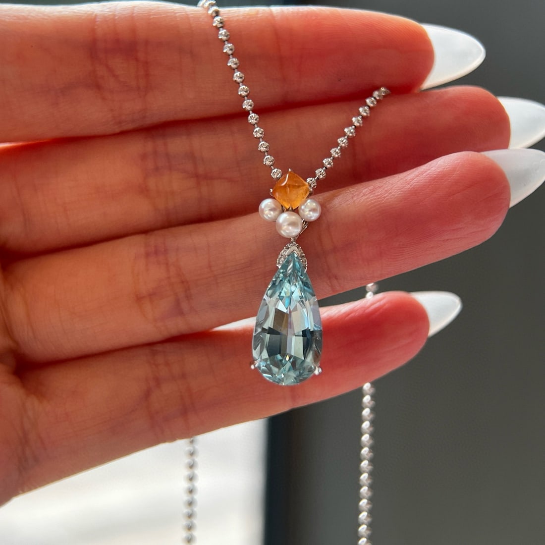 14k Gold 4.07 Ctw Natural Aquamarine & Diamond Pendant( Without Chain ) - 2