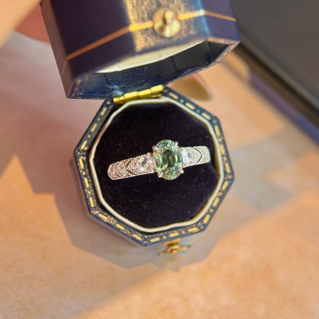 14k Gold 1.19 Ctw Natural Sapphire & Diamond Ring: Ref:231054186 // gold content:14k gold // ring size:7. 25us // // main gemstone:sapphire // shape:oval // carat weight:1. 13ct // color:green // treatment:natural // // adjacent gemstone 2 : diamond