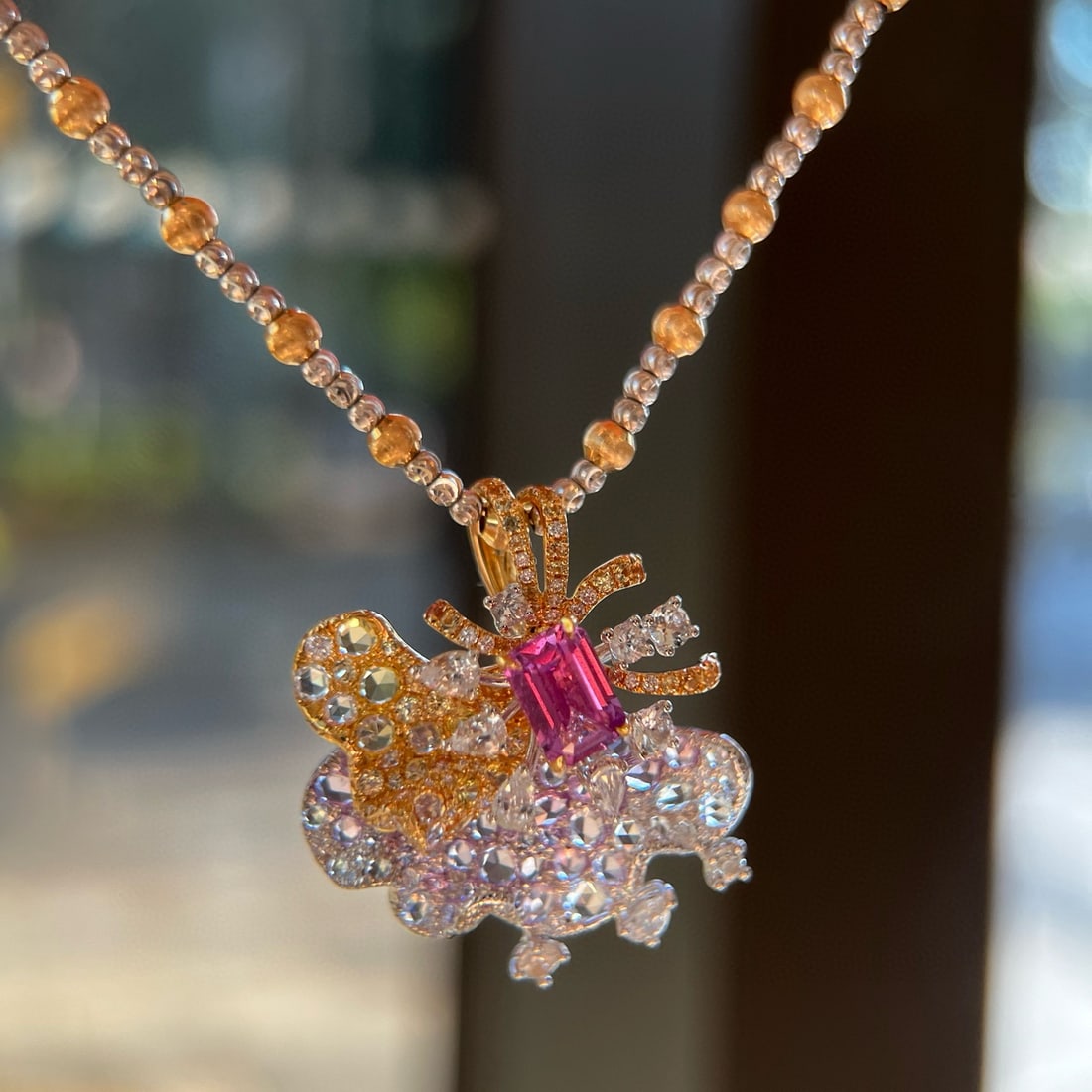 14k Gold 1.45 Ctw Natural Sapphire & Diamond Pendant( Without Chain ): Ref:231054200 // gold content:14k gold // main gemstone:sapphire // shape:octagonal // carat weight:1. 23ct // color:pink // treatment:natural // // adjacent gemstone 2 : diamond // shape:round //