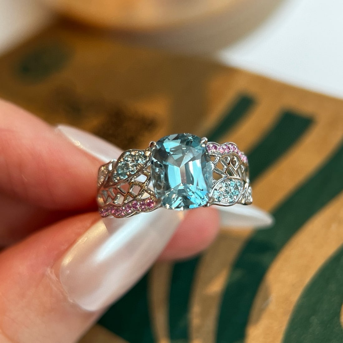 14k Gold 2.20 Ctw Natural Aquamarine & Diamond Ring: Ref:231054201 // gold content:14k gold // ring size:7. 25us // // main gemstone:aquamarine // shape:cushion // carat weight:2. 15ct // color:blue // treatment:natural // // adjacent gemstone 2 : diamo