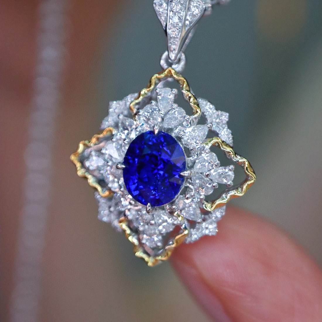 14k Gold 1.49 Ctw Natural Sapphire & Diamond Pendant( Without Chain ) - 2