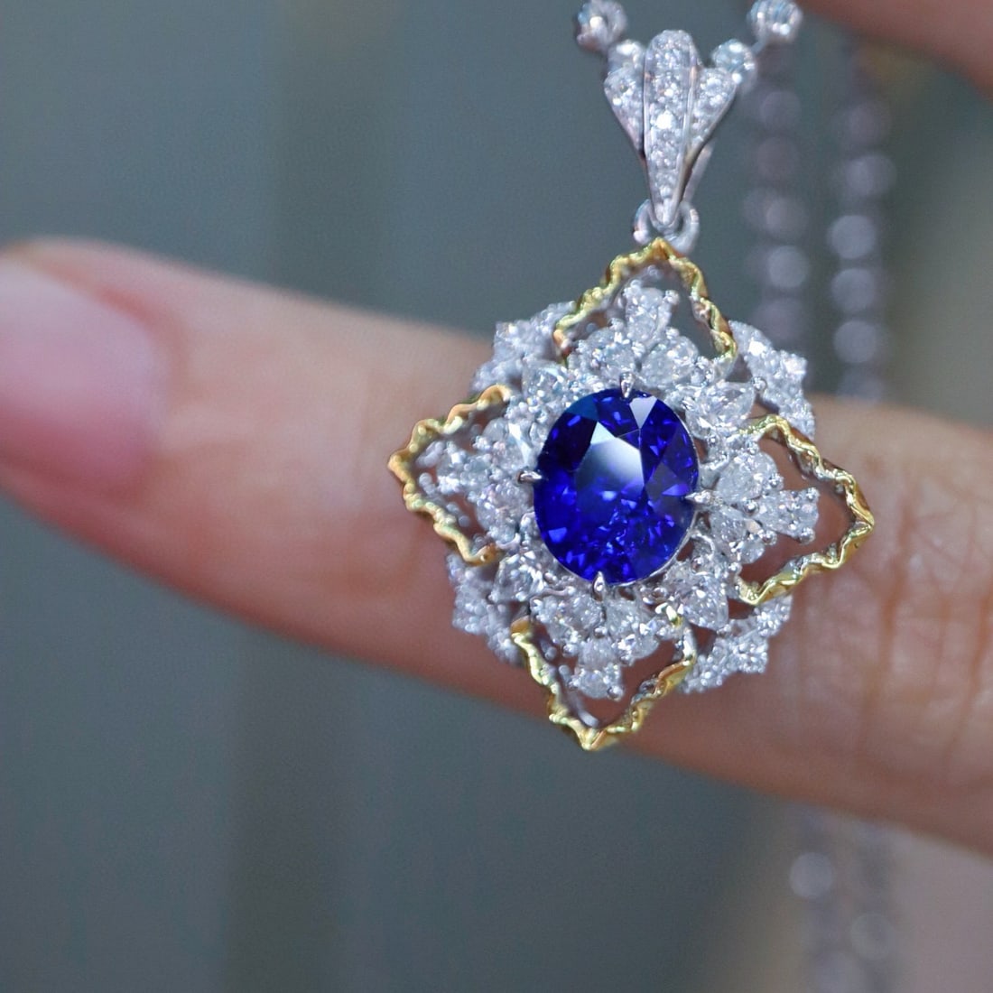 14k Gold 1.49 Ctw Natural Sapphire & Diamond Pendant( Without Chain ) - 3