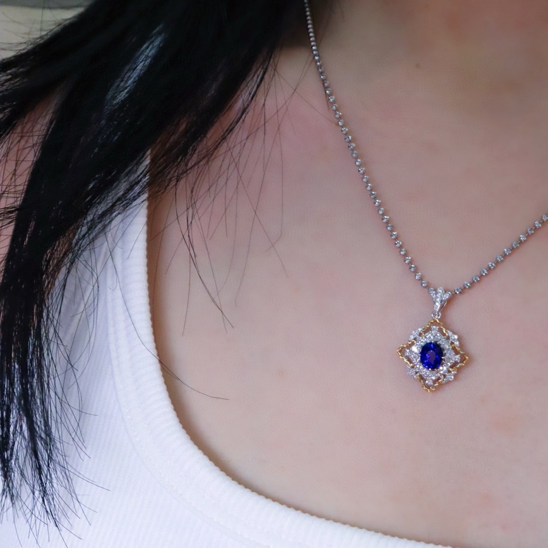 14k Gold 1.49 Ctw Natural Sapphire & Diamond Pendant( Without Chain ) - 4