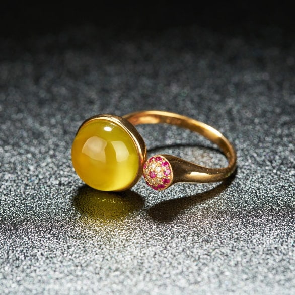 14k Gold 6.2 Ct Natural Prehnite & Diamond & Ruby Ring - 2