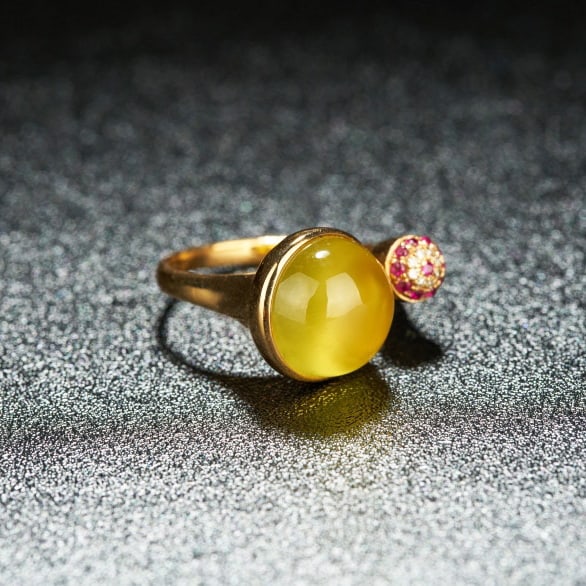 14k Gold 6.2 Ct Natural Prehnite & Diamond & Ruby Ring - 3