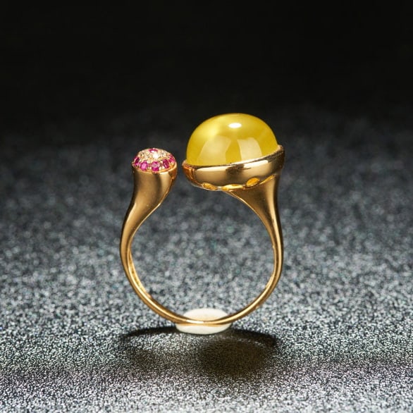 14k Gold 6.2 Ct Natural Prehnite & Diamond & Ruby Ring - 5