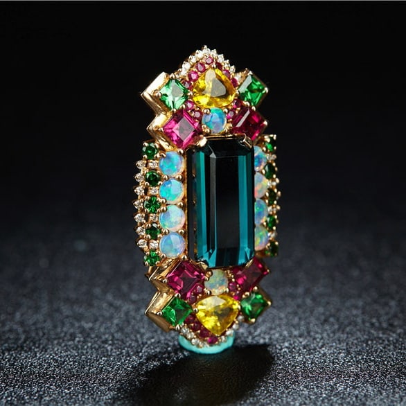 14k Gold 8.4 Ct Natural Tourmaline & Ruby & Sapphire & Tsavorite & Opal & Diamond Pendant( Withou... - 2