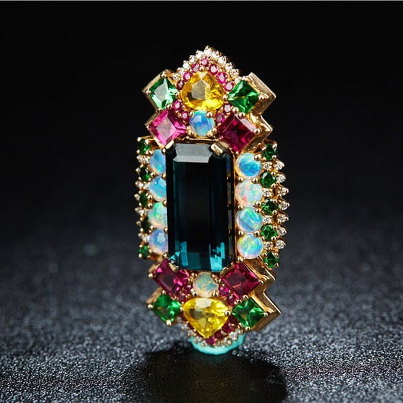 14k Gold 8.4 Ct Natural Tourmaline & Ruby & Sapphire & Tsavorite & Opal & Diamond Pendant( Withou... - 3
