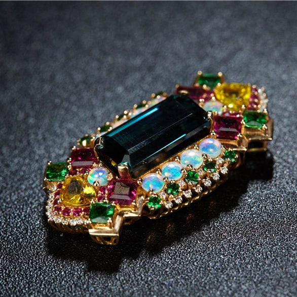 14k Gold 8.4 Ct Natural Tourmaline & Ruby & Sapphire & Tsavorite & Opal & Diamond Pendant( Withou... - 6