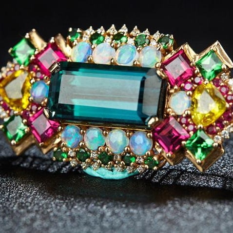 14k Gold 8.4 Ct Natural Tourmaline & Ruby & Sapphire & Tsavorite & Opal & Diamond Pendant( Withou... - 7