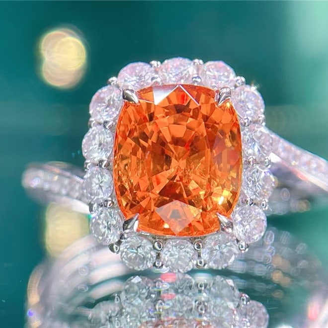 14k Gold 3.5 Ct Natural Spessartine & Diamond Ring: Ref:231054253 // gold content:14k gold // ring size:7. 25us // // main gemstone:spessartine // shape:cushion // carat weight:3. 5ct // color:orange // treatment:natural // // adjacent gemstone 2 : dia