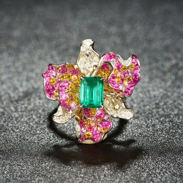 14k Gold 1.7 Ct Vivid Green Natural Emerald & Diamond & Ruby & Sapphire Ring: Ref:231054267 // gold content:14k gold // ring size:7. 25us // // main gemstone:emerald // shape:octagonal // carat weight:1. 7ct // color:vivid green // treatment:natural // // adjacent gemstone 2 :