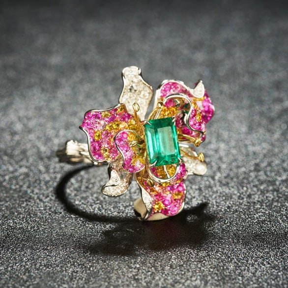 14k Gold 1.7 Ct Vivid Green Natural Emerald & Diamond & Ruby & Sapphire Ring - 2