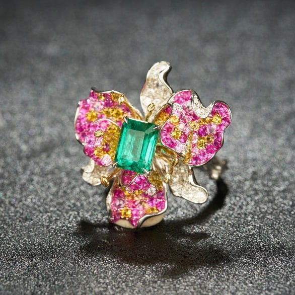 14k Gold 1.7 Ct Vivid Green Natural Emerald & Diamond & Ruby & Sapphire Ring - 3