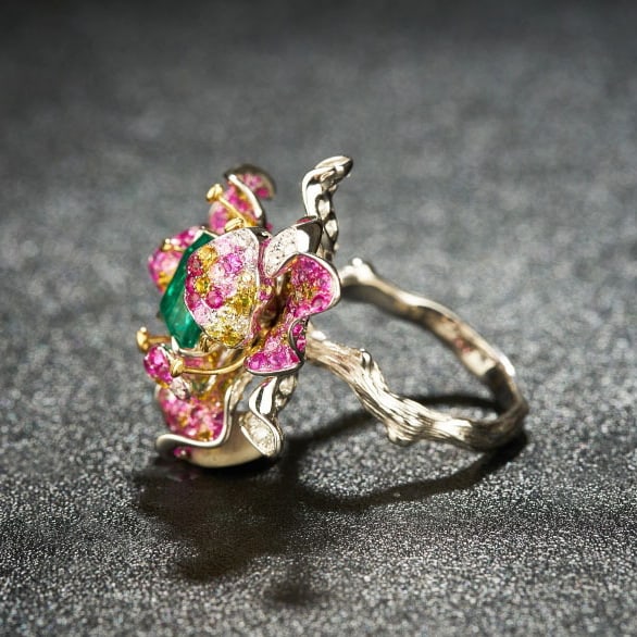 14k Gold 1.7 Ct Vivid Green Natural Emerald & Diamond & Ruby & Sapphire Ring - 4