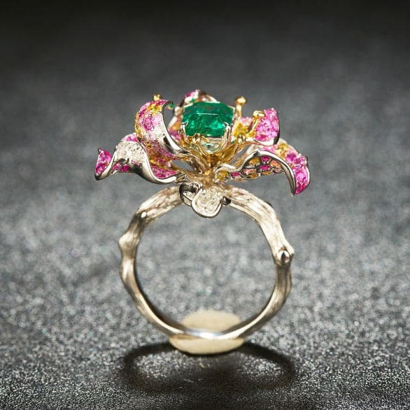 14k Gold 1.7 Ct Vivid Green Natural Emerald & Diamond & Ruby & Sapphire Ring - 6