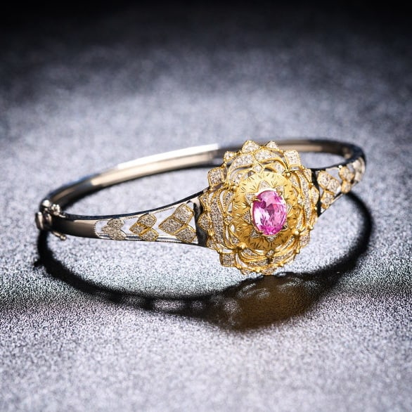 14k Gold 1.95 Ctw Natural Padparadscha Sapphire & Diamond Bangle - 2
