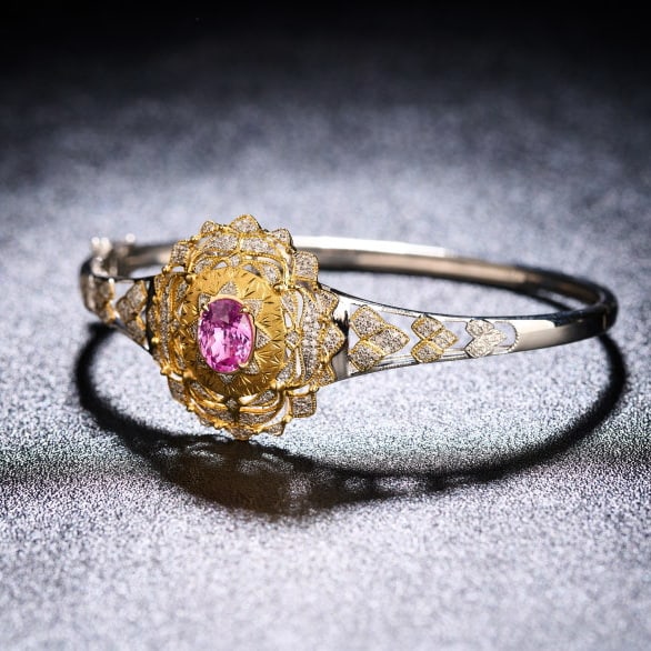 14k Gold 1.95 Ctw Natural Padparadscha Sapphire & Diamond Bangle - 3