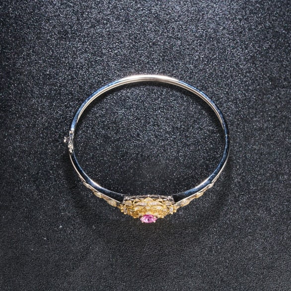 14k Gold 1.95 Ctw Natural Padparadscha Sapphire & Diamond Bangle - 6