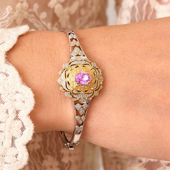 14k Gold 1.95 Ctw Natural Padparadscha Sapphire & Diamond Bangle - 8