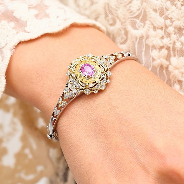 14k Gold 1.95 Ctw Natural Padparadscha Sapphire & Diamond Bangle - 9