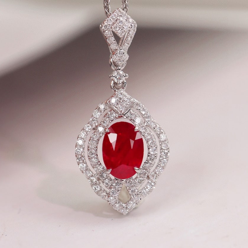 14k Gold 1.49 Ctw Natural Ruby & Diamond Pendant( Without Chain ): Ref:231054273 // gold content:14k gold // main gemstone:ruby // shape:oval // carat weight:1. 1ct // color:pigeonblood red // treatment:natural // // adjacent gemstone 2 : diamond // shape:round // ca