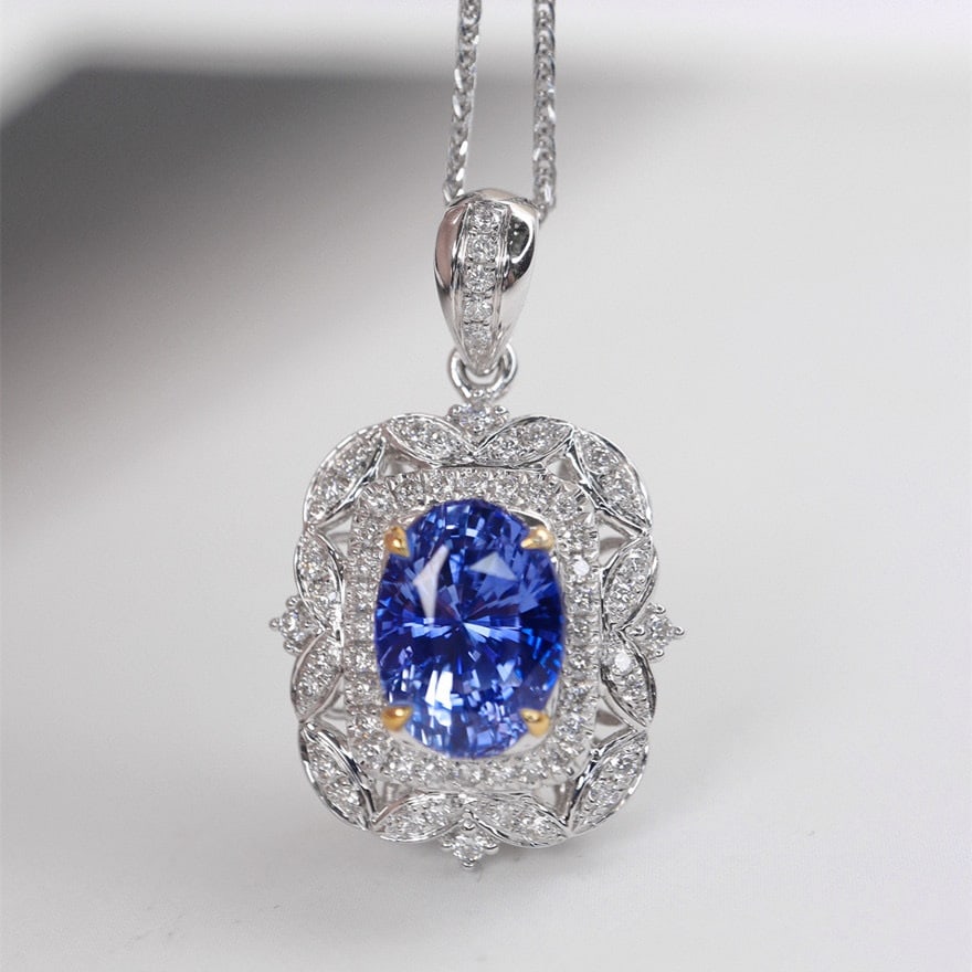 14k Gold 2.78 Ctw Natural Sapphire & Diamond Pendant( Without Chain ): Ref:231054275 // gold content:14k gold // main gemstone:sapphire // shape:oval // carat weight:2. 45ct // color:cornflower blue // treatment:natural // // adjacent gemstone 2 : diamond // shape:round 