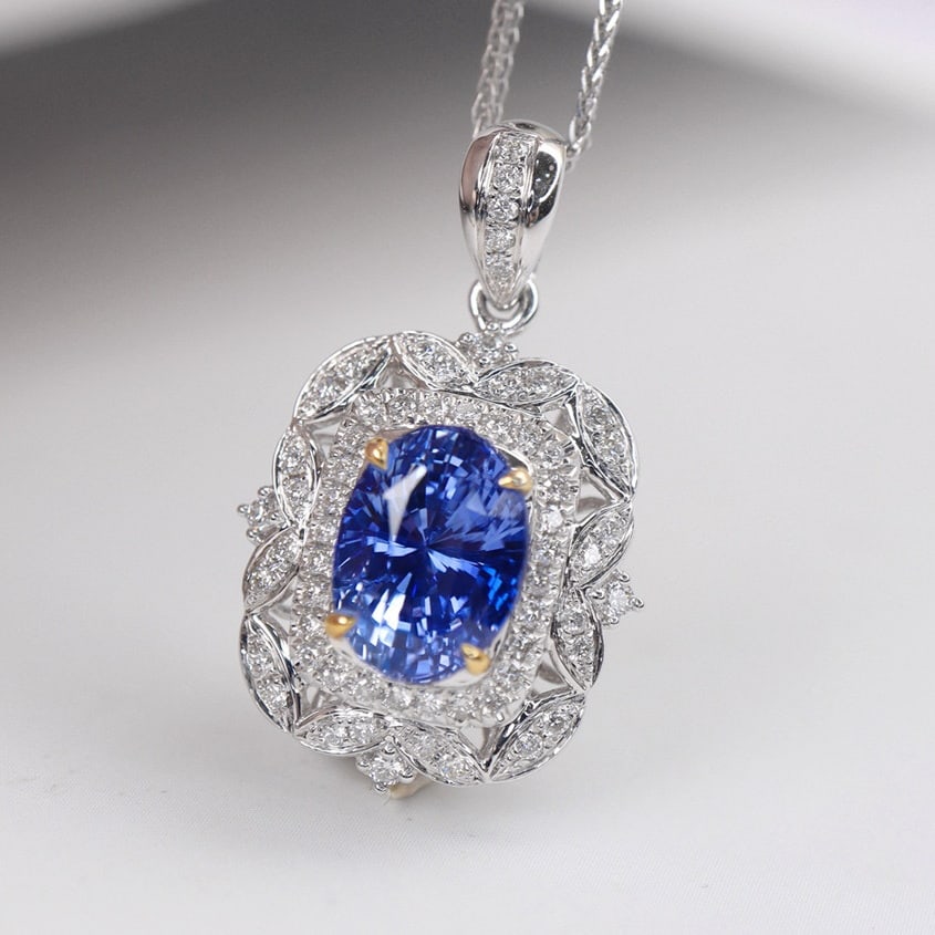 14k Gold 2.78 Ctw Natural Sapphire & Diamond Pendant( Without Chain ) - 2