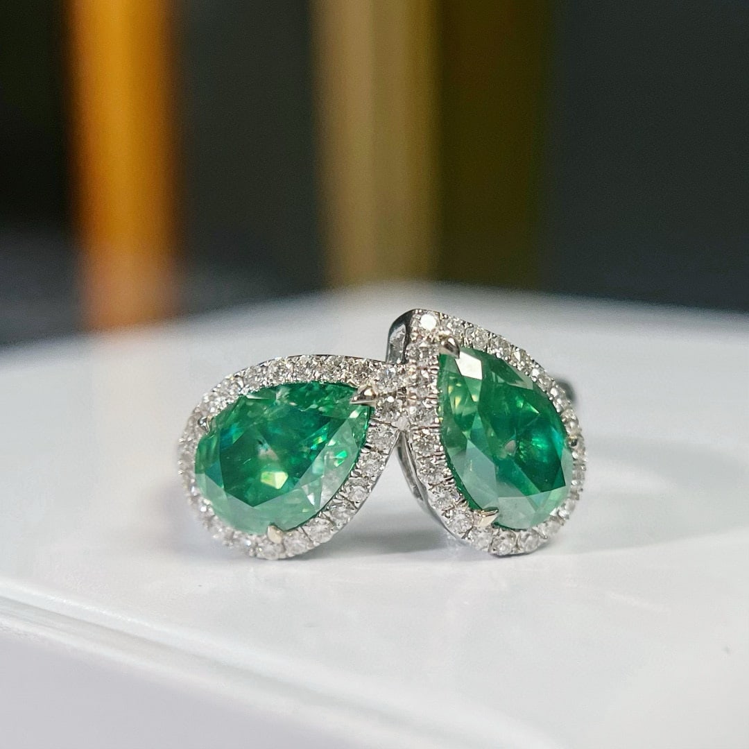 14k Gold 3.48 Ctw Natural Green Diamond & Diamond Ring: Ref:231054287 // gold content:14k gold // ring size:7. 25us // // main gemstone:green diamond // shape:pear // carat weight:3. 17ct // color:green // treatment:natural // // adjacent gemstone 2 : diam