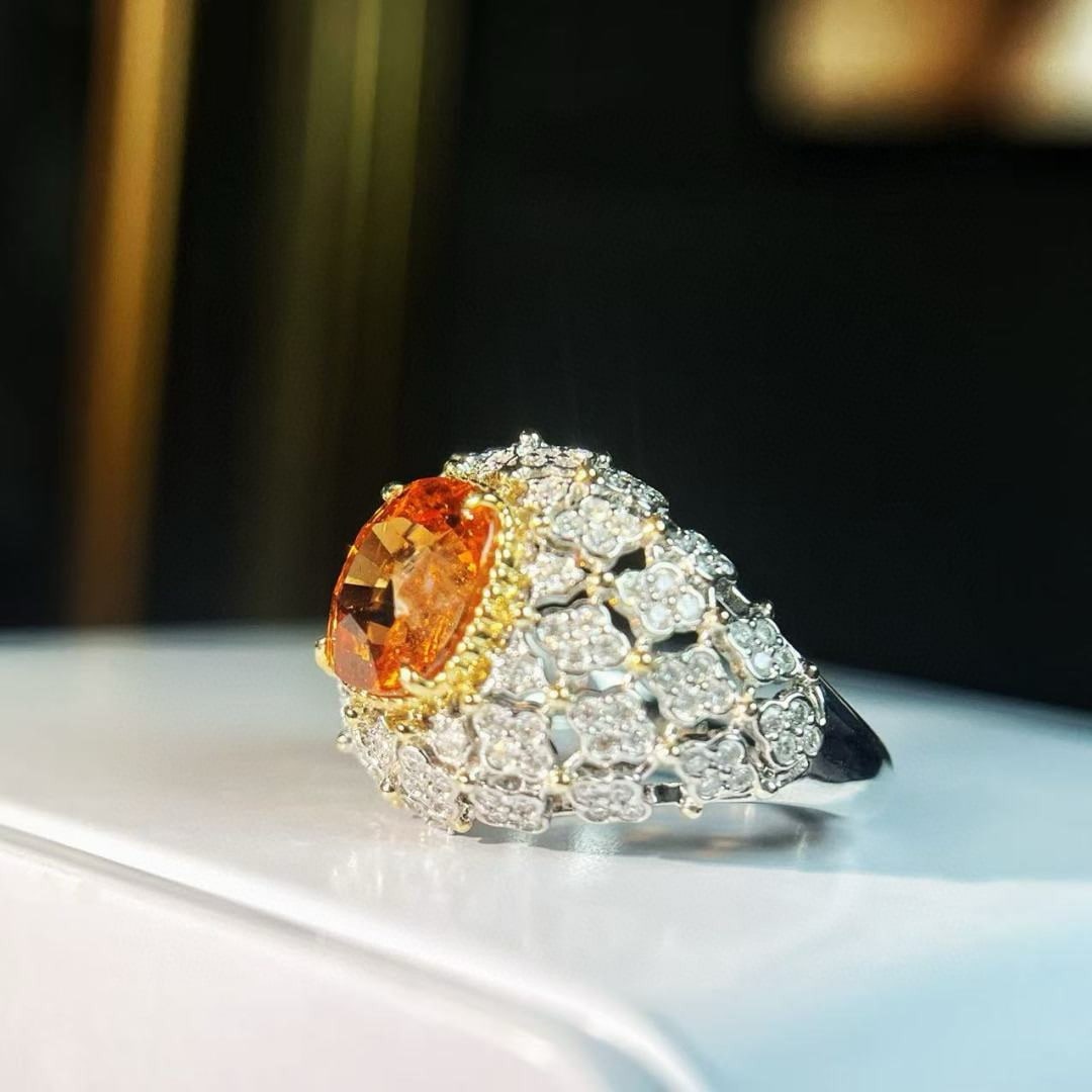 14k Gold 5.74 Ctw Natural Spessartine & Diamond Ring - 2