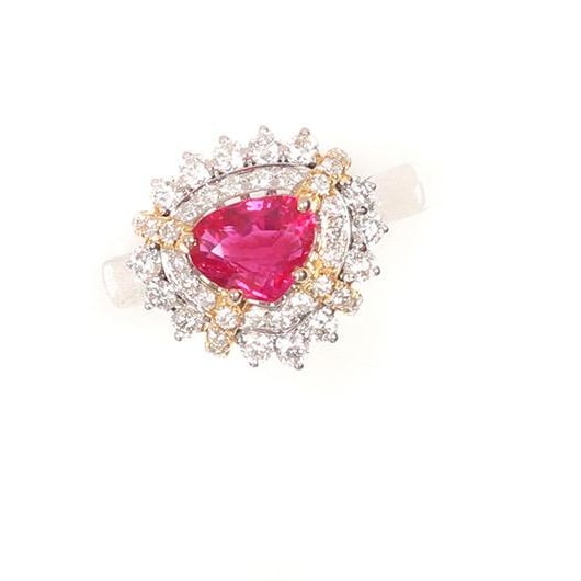 14k Gold 1.37 Ctw Natural Ruby & Diamond Ring: Ref:231054301 // gold content:14k gold // ring size:7. 25us // // main gemstone:ruby // shape:pear // carat weight:1. 01ct // color:red // treatment:natural // // adjacent gemstone 2 : diamond //
