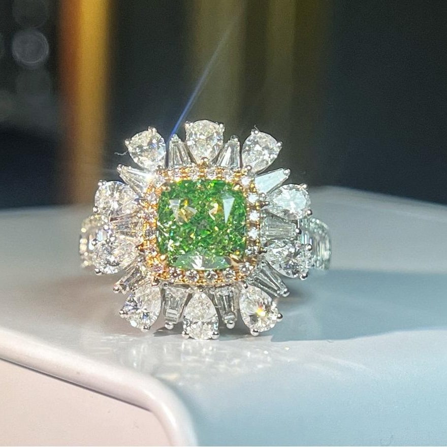 Gia Certified 14k Gold 4.05 Ctw Natural Green Diamond & Diamond Ring/pendant( Without Chain ): Ref:231054305 // gold content:14k gold // ring size:7. 25us // // main gemstone:green diamond // certified:gia // shape:cushion // carat weight:1. 79ct // clarity grade:si2 // color:green //