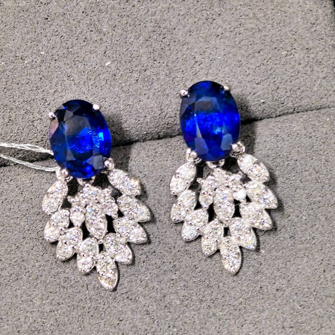 14k Gold 3.88 Ctw Natural Sapphire & Diamond Earrings - 4