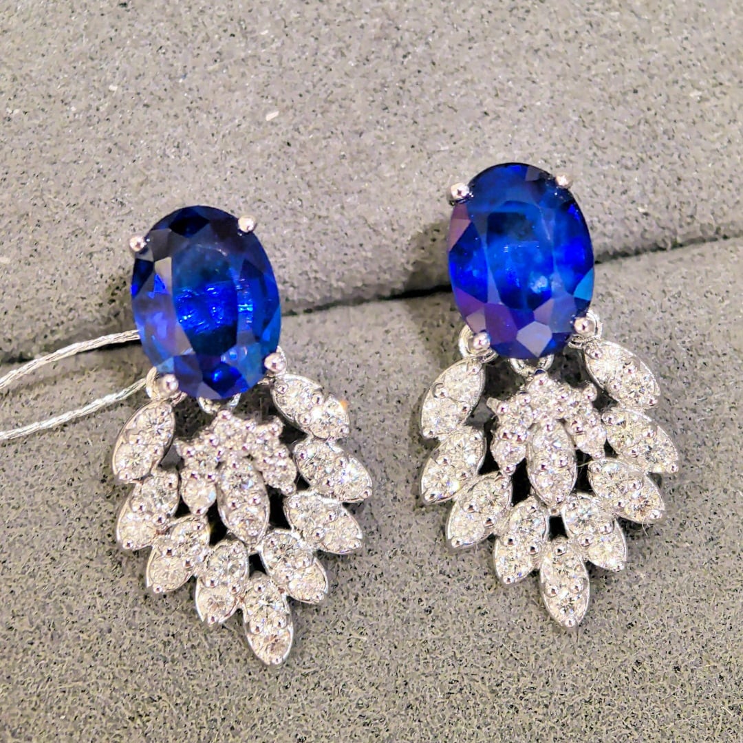 14k Gold 3.88 Ctw Natural Sapphire & Diamond Earrings - 6