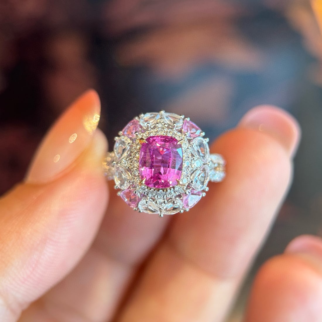 14k Gold 2.44 Ctw Natural Sapphire & Diamond Ring: Ref:231054324 // gold content:14k gold // ring size:7. 25us // // main gemstone:sapphire // shape:cushion // carat weight:2. 06ct // color:pink // treatment:natural // // adjacent gemstone 2 : diamond